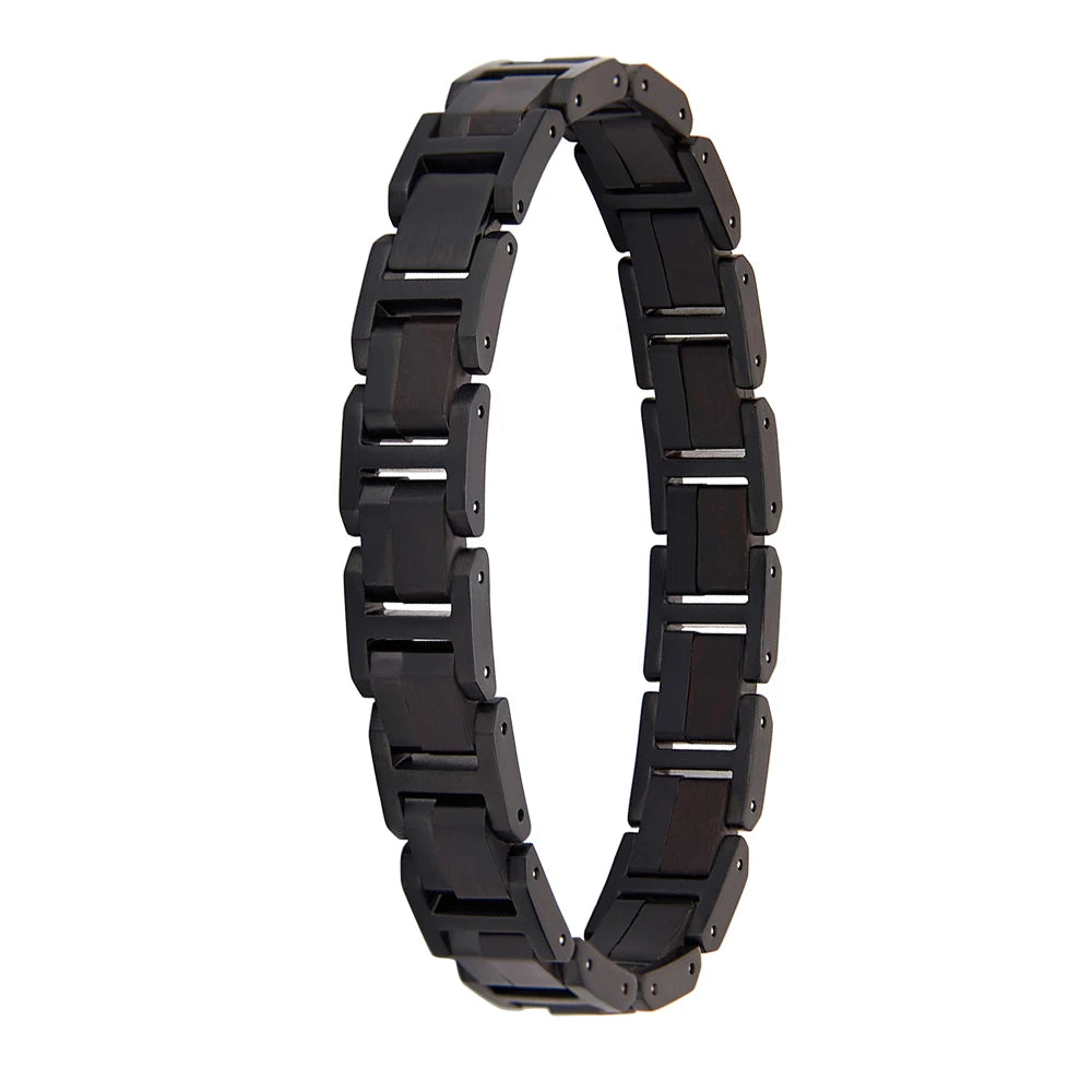Vintage Gift Dropshipping Custom Wristwear OEM Adjustable Ebony Wood Beaded Bracelet with Black Plated Stainless Steel