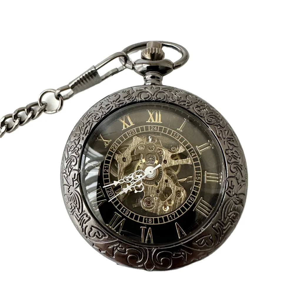 Antique Black Mechanical Watches Hand Winding Retro Flower Roman Pocket Watches