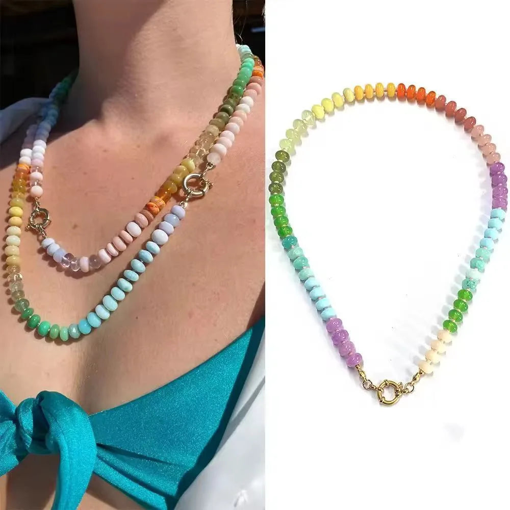 Handmade Rainbow Gemstone Necklace Candy Rondelle Beads Summer Surfer Beach Choker Necklace Gift for Her