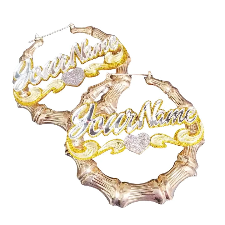 Fashion Drop Shipping Stainless Steel Jewelry Gold Plated Bamboo Acrylic Name Personalized Custom Hoop Earrings for Women Gift
