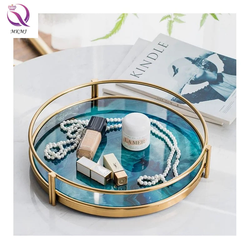 Nordic Light Luxury Creative Metal Agate Stone Pattern Round Tray Tea Tray Cosmetics Storage Plate Ornaments Ornaments