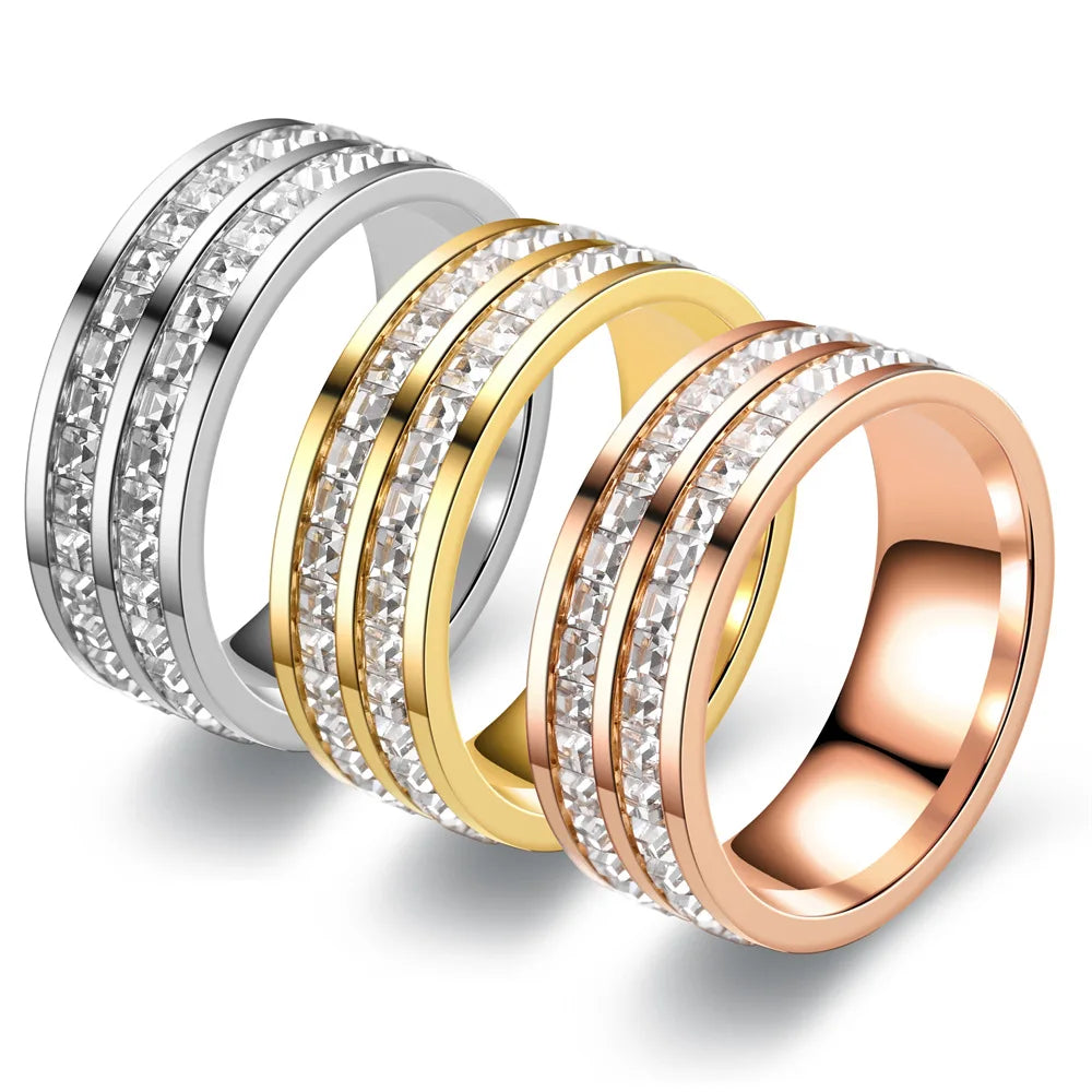Square Zircon Stainless Steel Ring White Diamond Geometric Ring Women Men Decompression Stainless Steel Rhinestone Ring