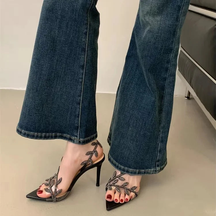 For Busy Girl JY4851 Luxury Glitter Sandals for Women Pointed Toe High Heels Rhinestone Leaf Detail for Party Evening Summer Aut