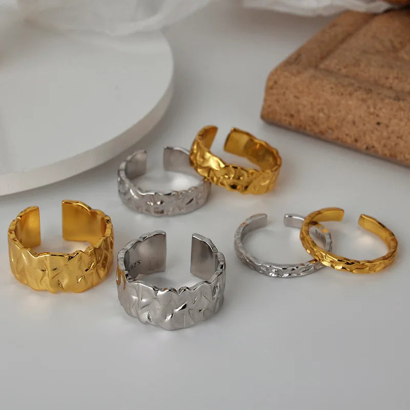 New Korean Version Simple 925 Pure Silver Ins Female Personality Tin Foil Texture Design Sense Niche Open Mouth Temperament Ring