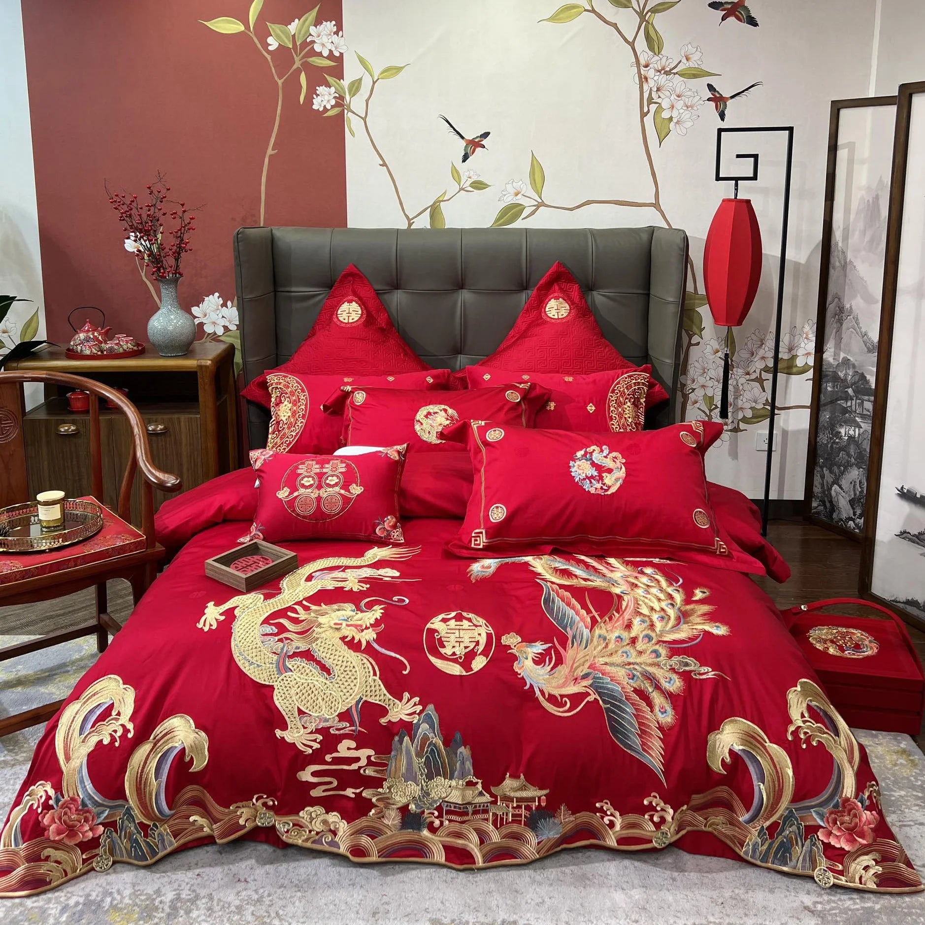 Luxury Romantic Red Cozy Animal Print 100% Cotton 4-Piece Quilt Cover Set Embroidery 500TC Thread Count All-Season Wedding