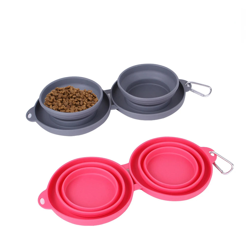 Rubber Foldable Double Bowl Pet Outdoor Travel Feeding Bowl for Pet Sustainable Pet Bowls & Feeders Bowls Cups & Pails Rounded