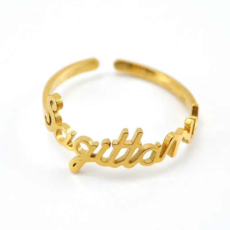 Fashion Classic 18K Gold Plated 12 Zodiac Signs Custom Adjustable Open Stainless Steel Name Wedding Ring for Women