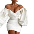 Hot Sale Women Dress Autumn Winter New Off Shoulder Solid Color Lantern Sleeve Woman Dresses