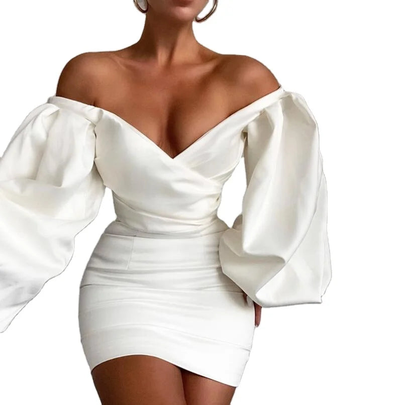 Hot Sale Women Dress Autumn Winter New Off Shoulder Solid Color Lantern Sleeve Woman Dresses