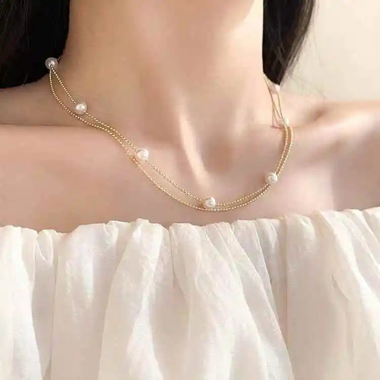 Goddess Style 40cm 18K Gold Plated Women's Chokers Necklace 6-7mm Natural Freshwater Potato Pearls Double-Layer Ball Bead