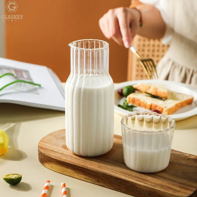 High Borosilicate Glass Water Pitcher with Vertical Stripes One Pitcher and One Cup Juice Pitcher