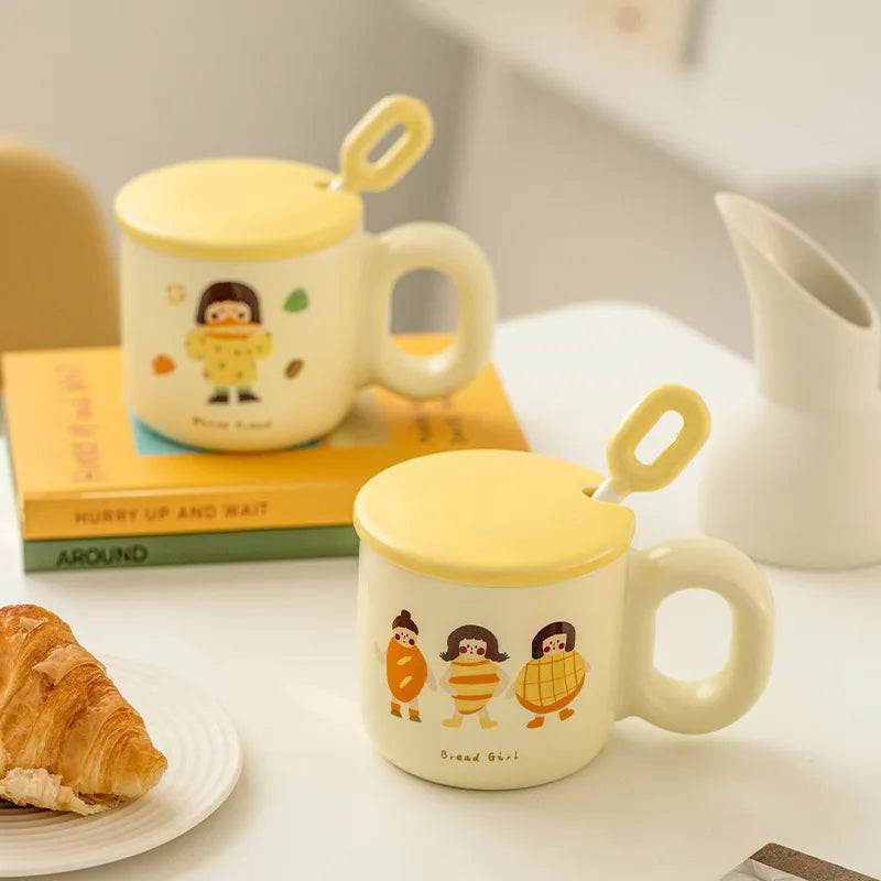 Creative Bread Ceramic Mug with Cover Female Ceramic Cup Office Design Coffee Cup Home Breakfast Cup