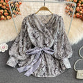 New Retro Blouse Women V Neck Lace up Puff Lantern Long Sleeve Tops Snake Skin Patterned Blouses