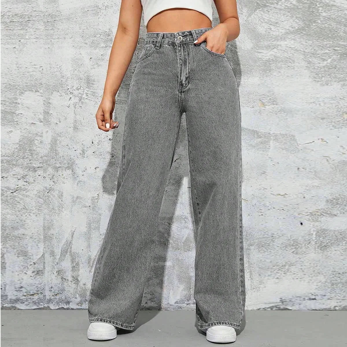 Women's High Waist Baggy Jeans Loose Fit Straight Wide Leg Pants with Breathable Denim Casual Style Pantalon Femme