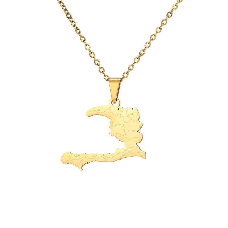 ROMABTIC Wholesale Stainless Steel Haiti Map Pendant Necklaces Gold Couple Necklace for Gift