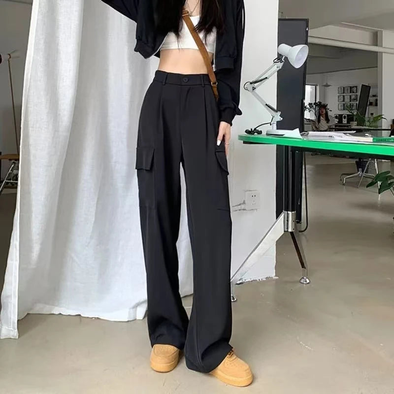 Women Solid Long Casual Pants High Waist Pockets Wide Leg Cargo Pants Spring Summer Lady Pleated Suit Pants