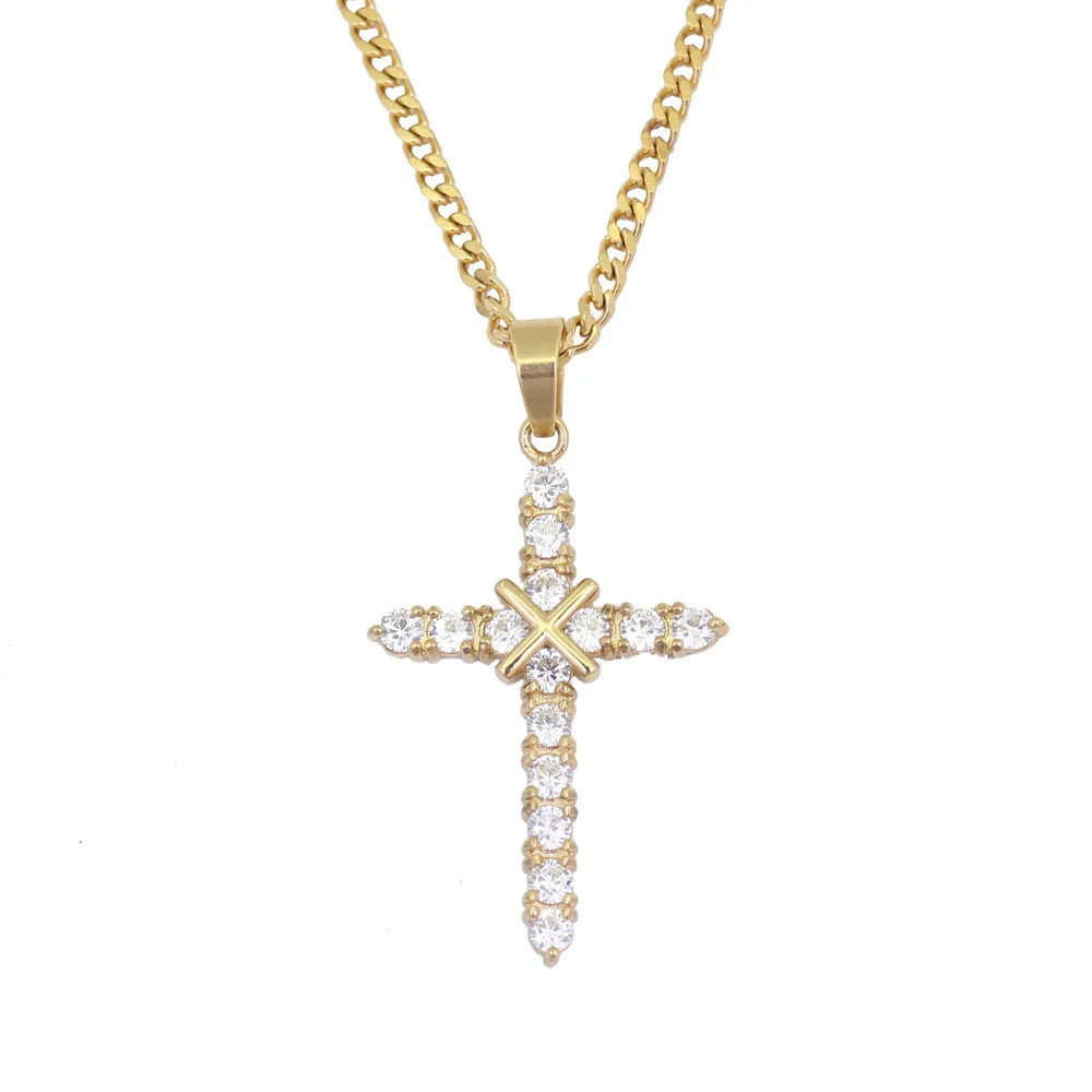Cheap Jewelry Stainless Steel All Full Diamond Rhinestone Mini Cute Cross Shiny Infinity Necklace Diamond Cross Pendant