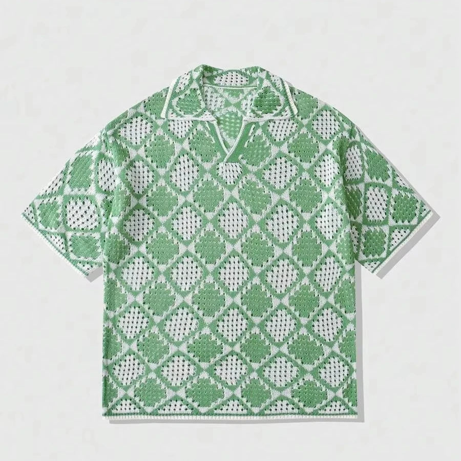 Custom Design Logo Holiday Mesh T-shirt Knitwear Summer Men's Floral Pattern Hollow Short Sleeve Knitted Polo Shirt
