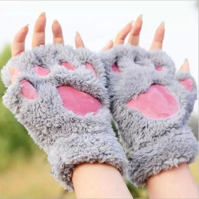 Winter Casual Outdoor Cute Cat's Claw Bear's Paw Half Finger Fuzzy Thick Plush Faux Fur Warm Women's Gloves