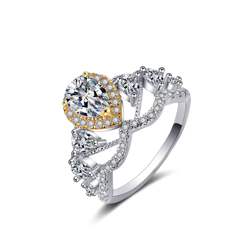 Luxury Fashion Jewelry Crown Pear Cut Cubic Zircon Ring Water Drop Two Color Gold Platinum Plated Wedding Ring for Women