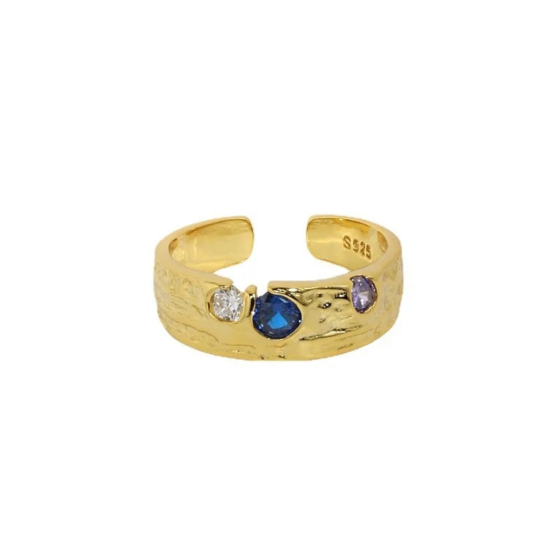 Wholesale Hot Selling S925 Pure Silver Wide Zircon Ring 18K Gold-Plated Trendy Crystal CZ Blue Women's Ring High-End Jewelry