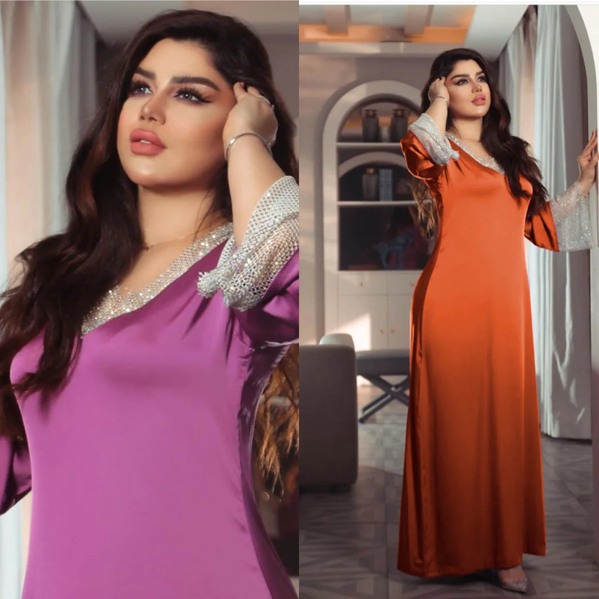 Lanna Purple & Orange Long Sleeve Casual Formal Satin Sequins Full Diamond Mesh Long Dress Muslim Women Abaya