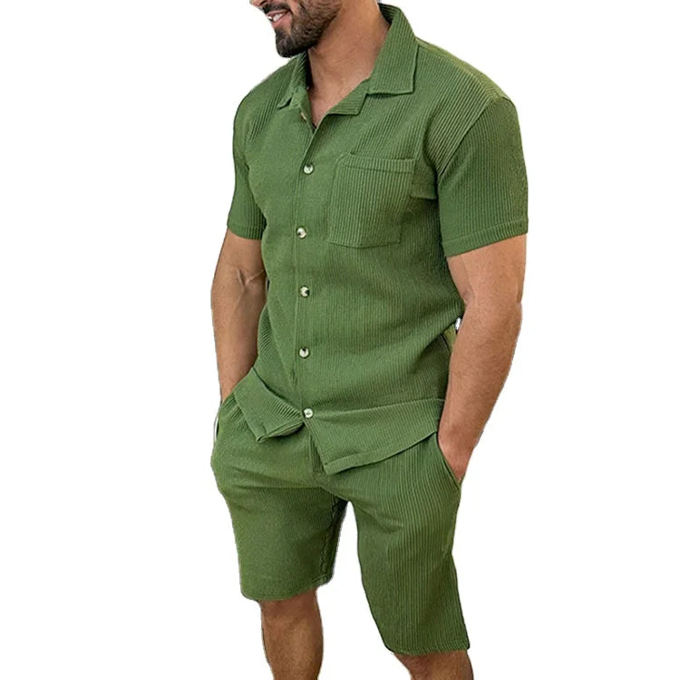 S-3XL Green Black White Casual Summer Men's Sets Comfort Top Polo Shirts Short Sleeve Shorts Set Pocket Design 2 Pieces Suits