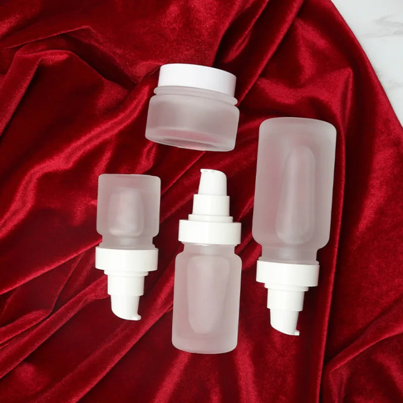 White Lid Frosted Glass Bottle with Pump Empty Face Cream Jar for Skincare and Oil Use Mascara Set for Skin Care