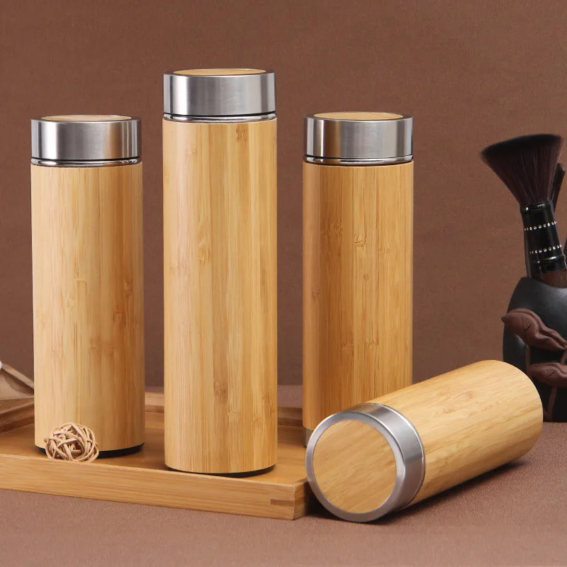 Eco-friendly BPA Free Double Wall Tea Infuser Insulated Vacuum Stainless Steel Original Bamboo Lid Water Bottle Thermos Flask