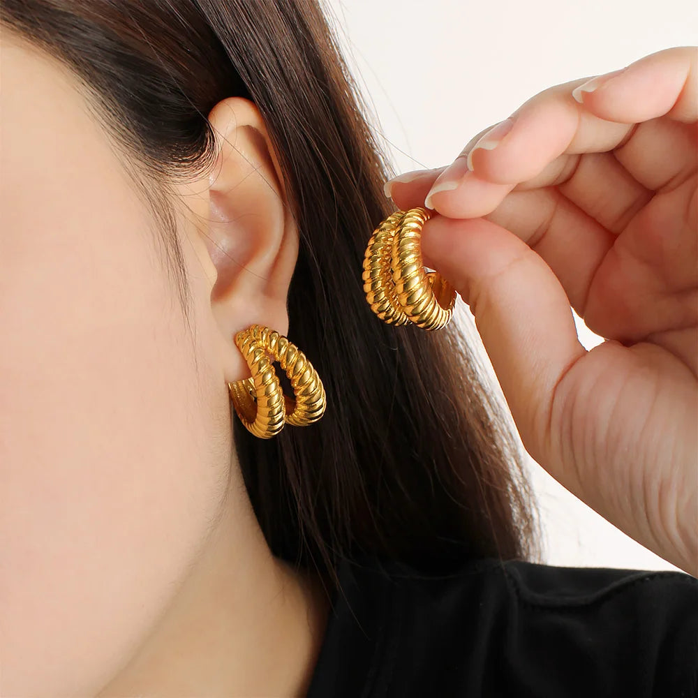 18K Gold Plated Hypoallergenic Hoop Earrings Jewel Ear Rings for Women Fashionable Double Layer Croissant Hoop Earrings