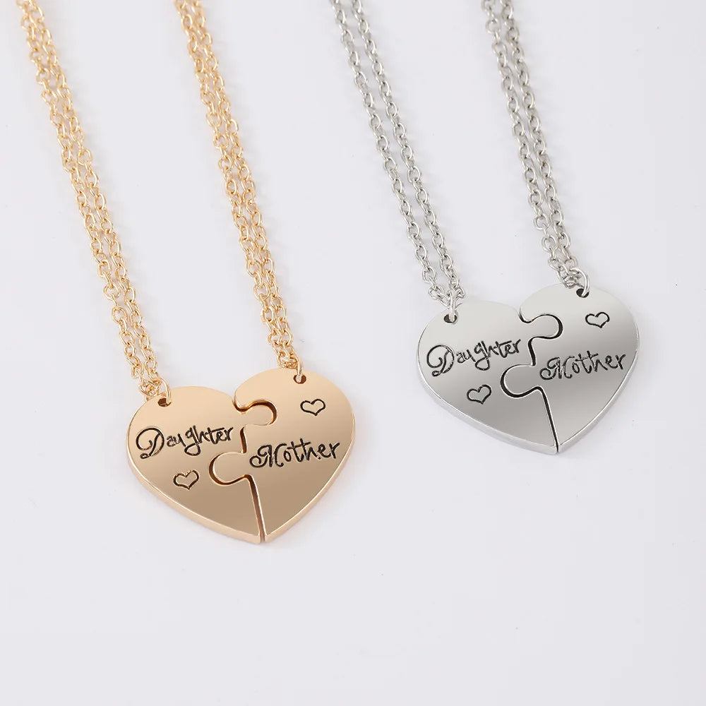 New Engraved Mother&Daughter Letter Heart Pendant Necklace Gold Silver Patchwork Necklace Set for Mother'S Day Jewelry