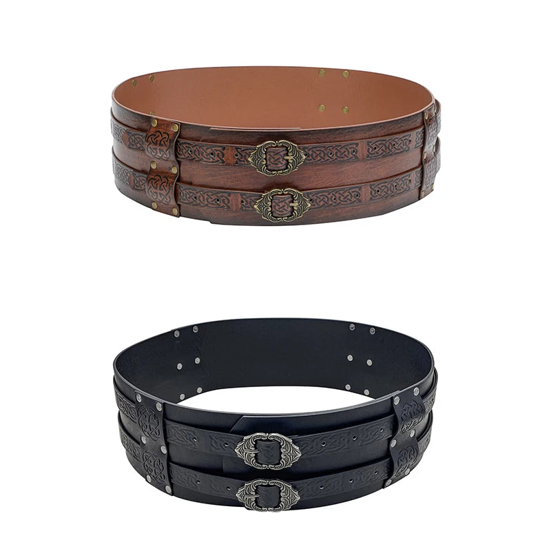 Medieval Viking Embossed Wide Belt WJF12 Retro Knight Style PU Leather Waistband for LARP Party Costume Accessories