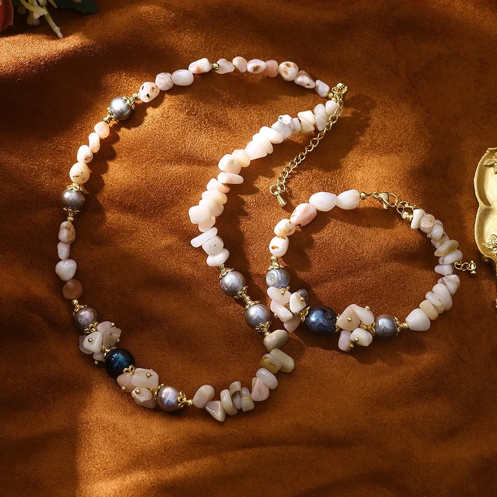Handmade Natural Stone Necklace Irregular Pink Opal Beaded Bracelet Baroque Pearls Beads Jewelry Set for Women Girls Party Gift