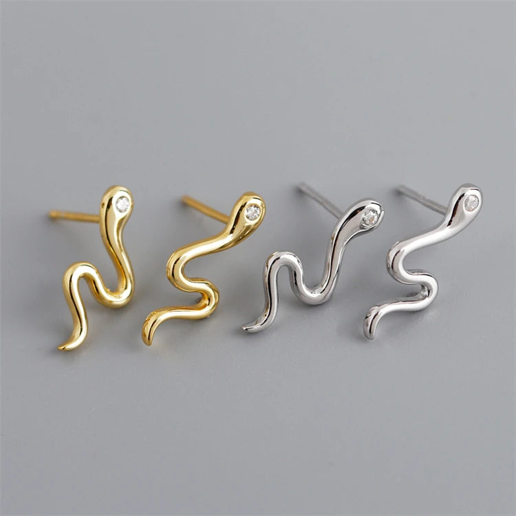 Dainty 925 Sterling Silver 18k Gold Plating Snake Zircon Stud Earrings for Women