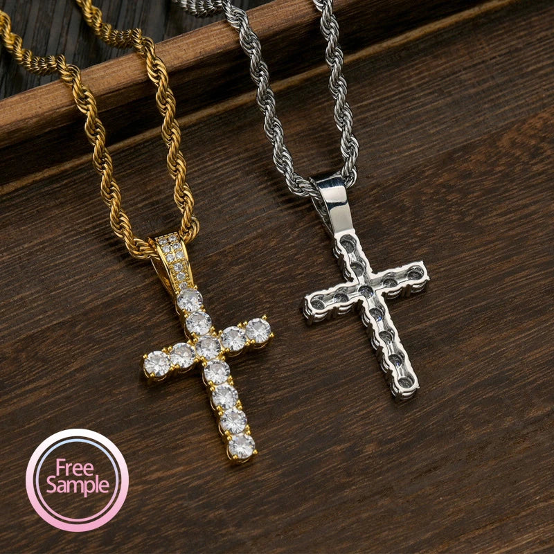 Custom Fashion Jewelry Diamond Hip Hop Copper Brass Zircon Cross Pendant Necklaces for Men