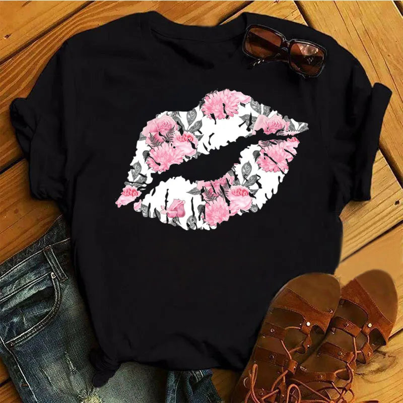 Custom Sequin Mouth Design Girls Cropped Round Neck Tee Shirts Fashion Heavyweight Women Basic Kiss Lip Graphic Print T Shirts