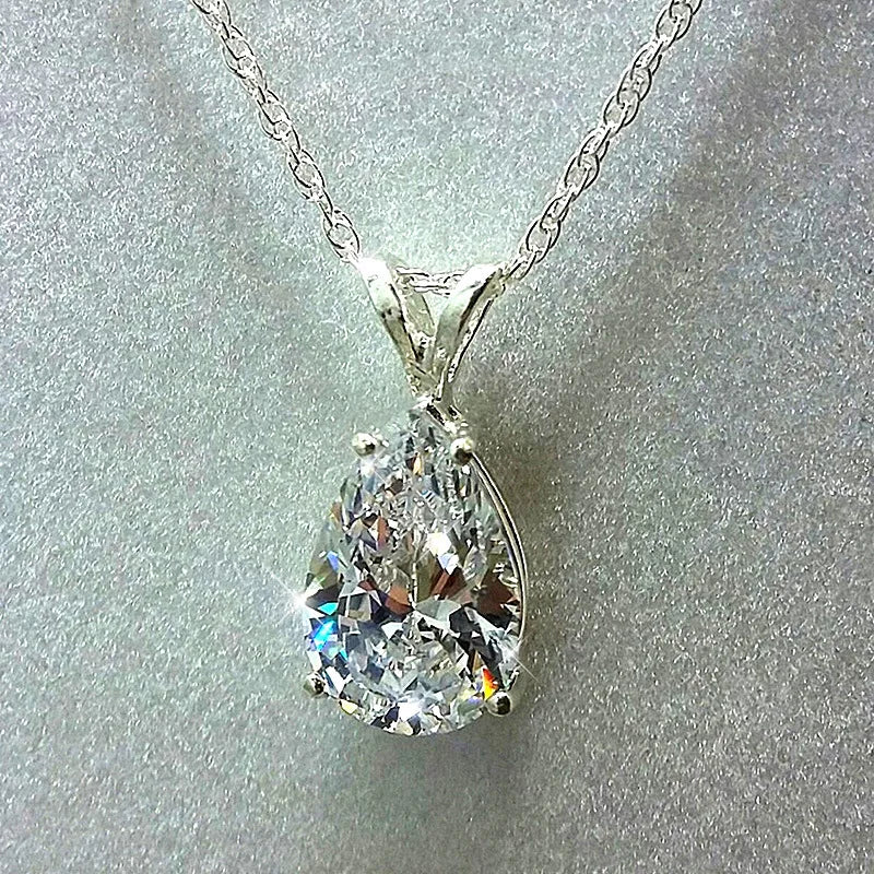 Fine Simple Silver Zircone Copper Sparkle Water Drop Tear Shaped Zircon Pendant Necklace