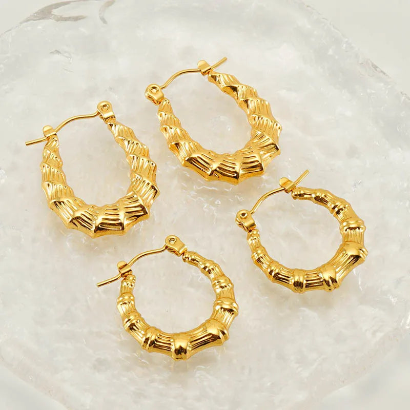 Wholesale Quality 18K PVD Gold Plated Stainless Steel Bamboo Hoop Earrings