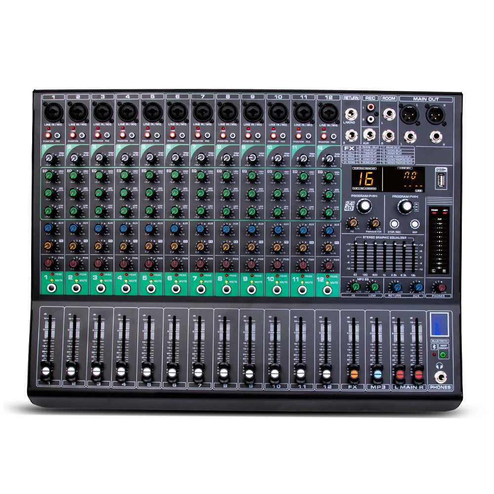 Biner G120 Professional 48V Phantom Power Supply 12 Channel Audio Mixer for Large Stage Performance