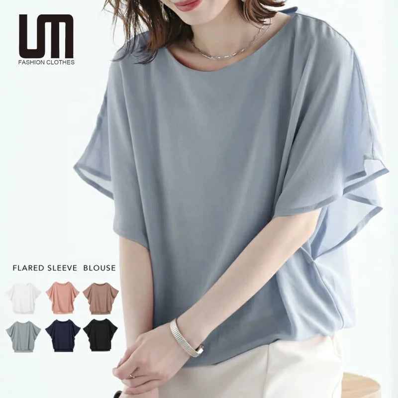 Liu Ming Popular Products 2025 Korean Fashion Summer Loose Loose Round Neck Casual Chiffon Shirt for Women