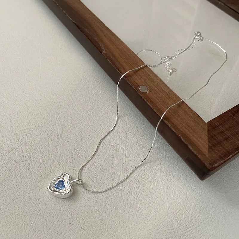 925 Sterling Silver Fine Luxury Jewelry Blue Zircon Heart Shape Texture Pendant Necklaces for Female Gifts