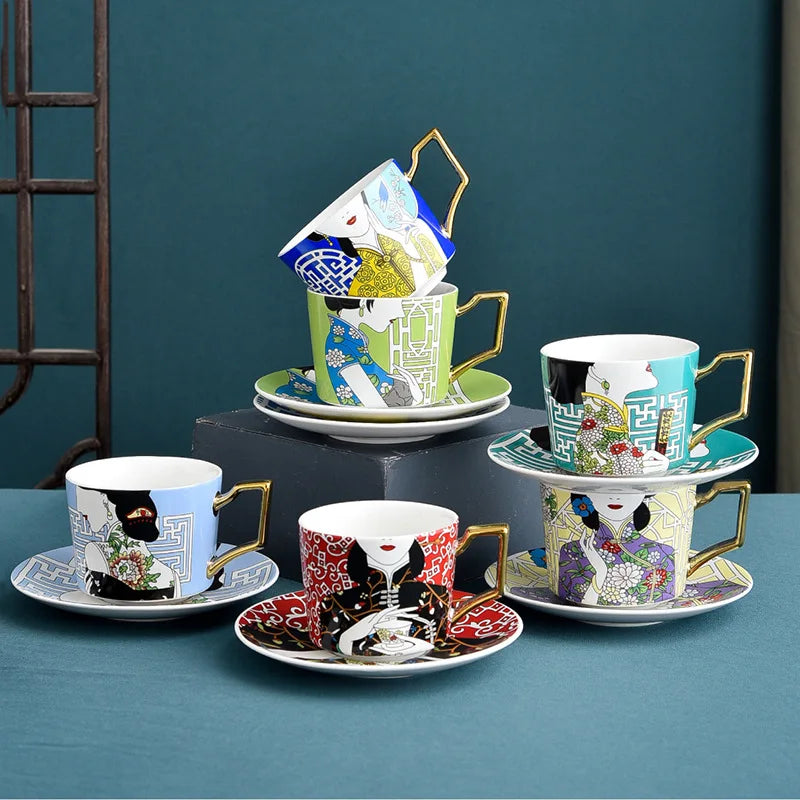 New Chinese Stylecreative English Afternoon Flower Cup Ceramic Water Cup Home  Coffee Cup and Saucer Set