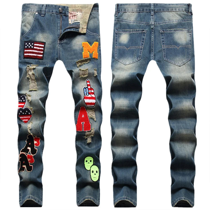 Factory Wholesale Customize Logo Hip-hop Style Multi-digit Towel Bottom Embroidery Holes Nostalgic Small Straight Jeans