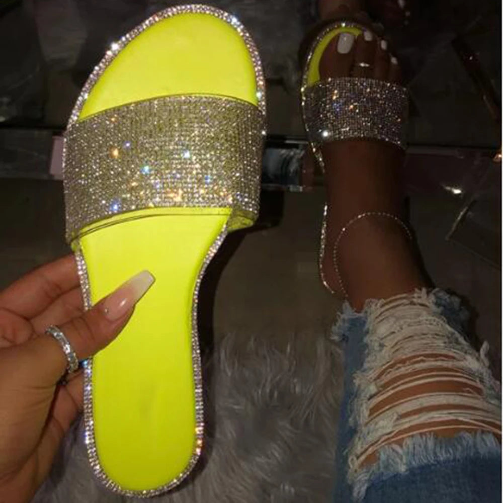2024 New Women's Soft Slides Sandals Bling Glitter Trendy Summer Light Weight Waterproof Snake Pattern Outdoor Diamond
