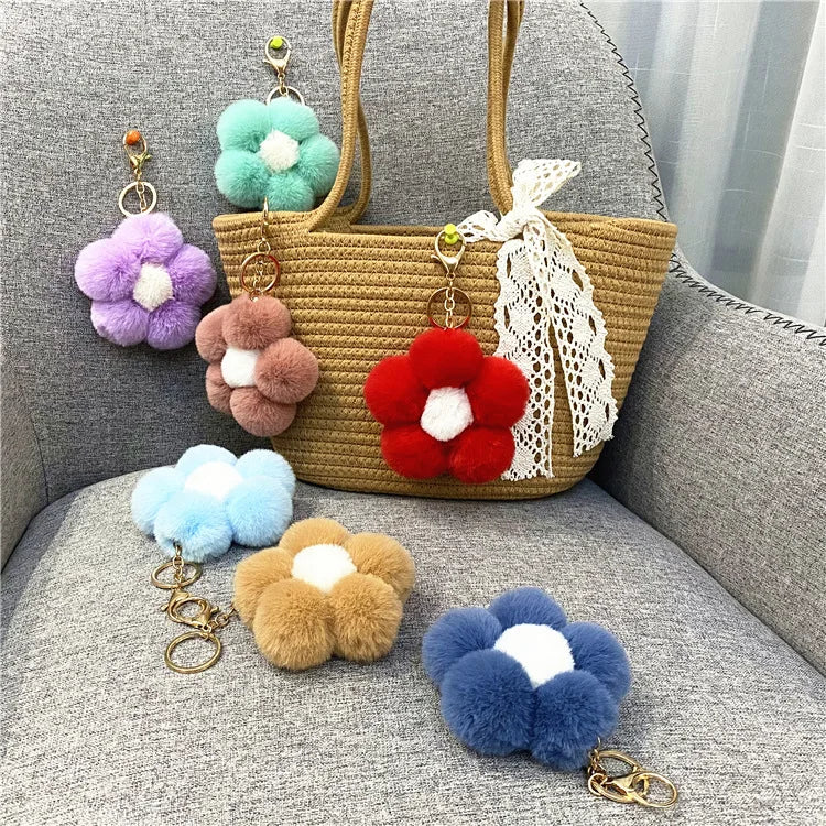 Hot Sell Promotion Gift Stylish Cute Fluffy Rose Flower Keychain Pompom Keychain Keyring Faux Fur Pom Pom