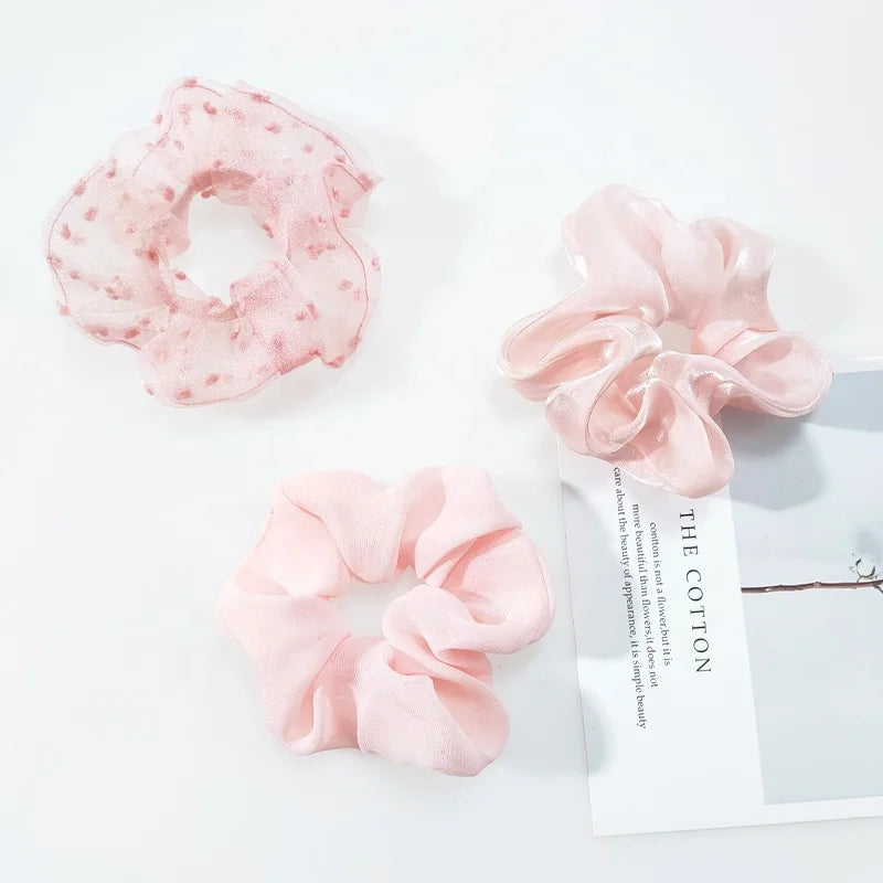 Wholesale Fashion Women Ponytail Holder Hair Tie Girls pink Satin Organza Scrunchies for Hair