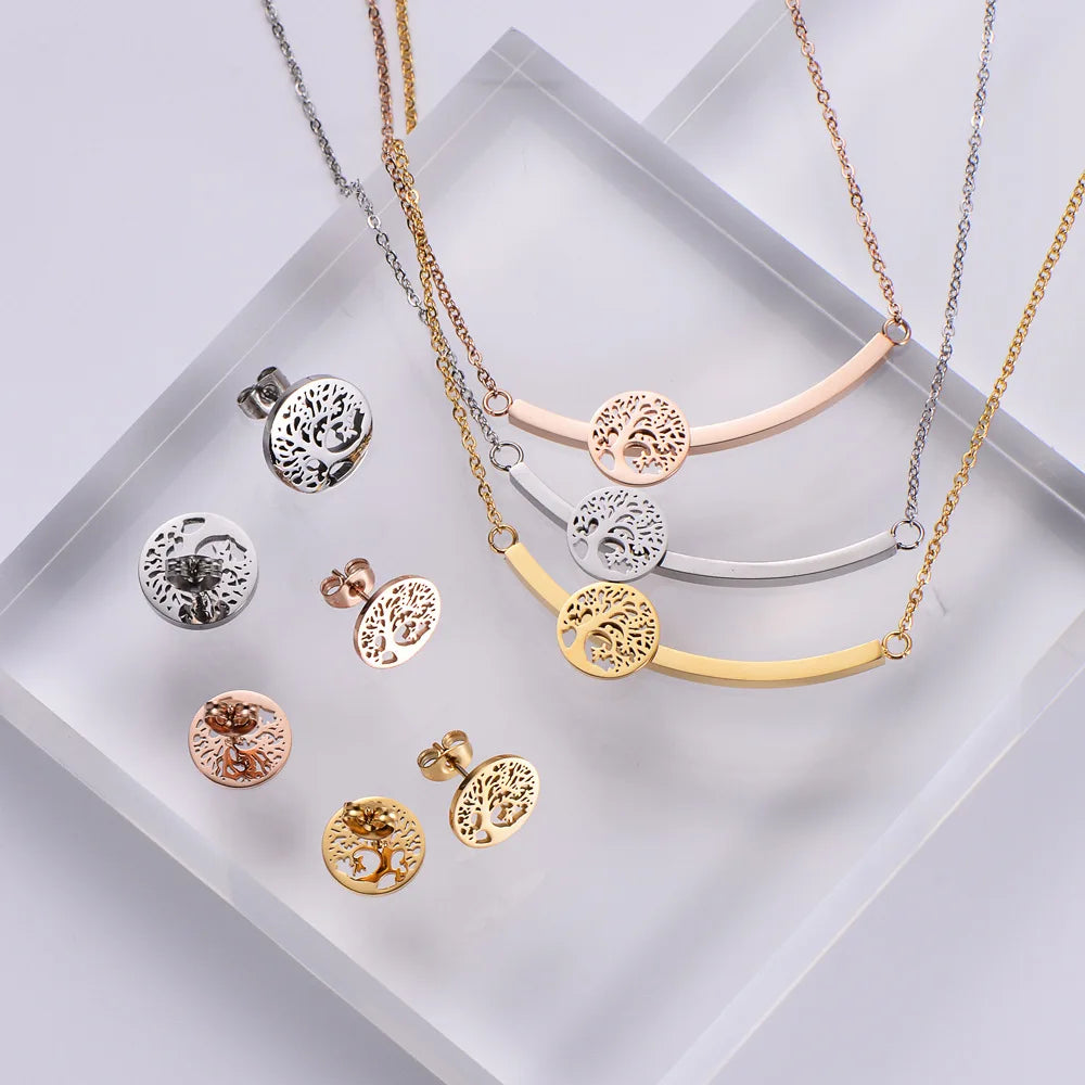 Ladies Stainless Steel Fine Jewelry Gold Plated Tree of Life Necklace Set with Earrings for Wedding Party Engagement Anniversary