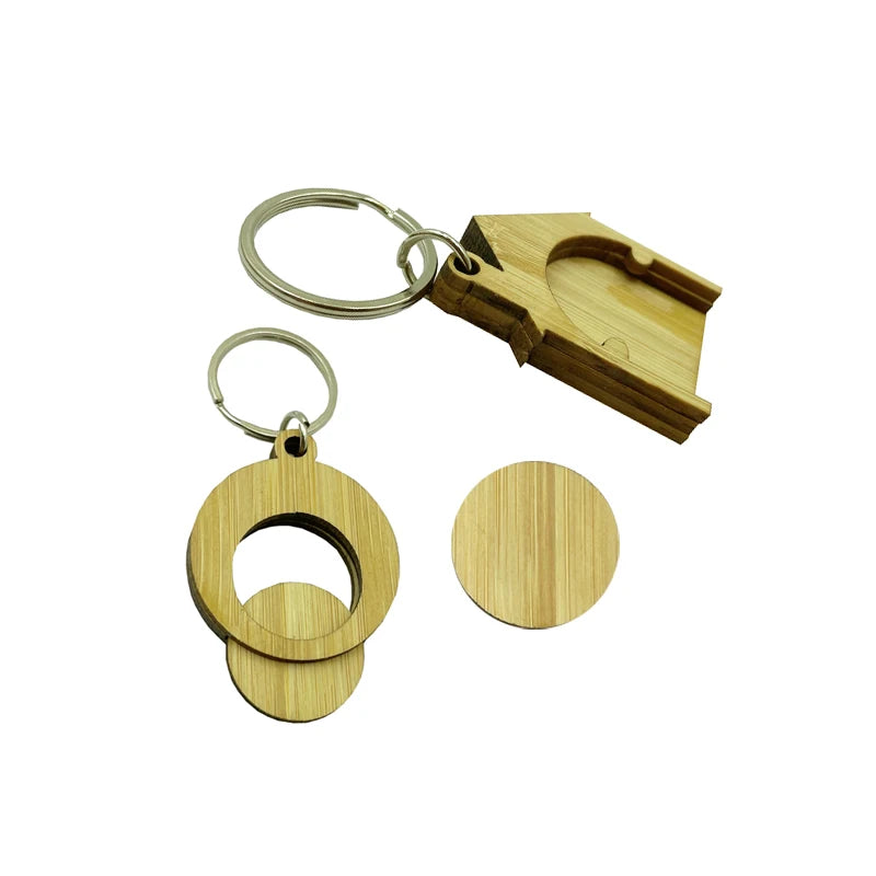 Wholesale Custom Carved Bamboo Keychains Wooden Coin Holder Shopping Cart Token Handmade Eco-Friendly Crafts Sports Style