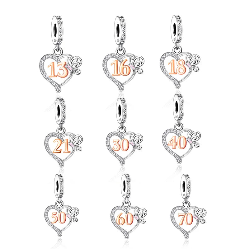 Fit Original Bracelet Necklace Jewelry 925 Sterling Silver Butterfly Number Beads Charms Anniversary
