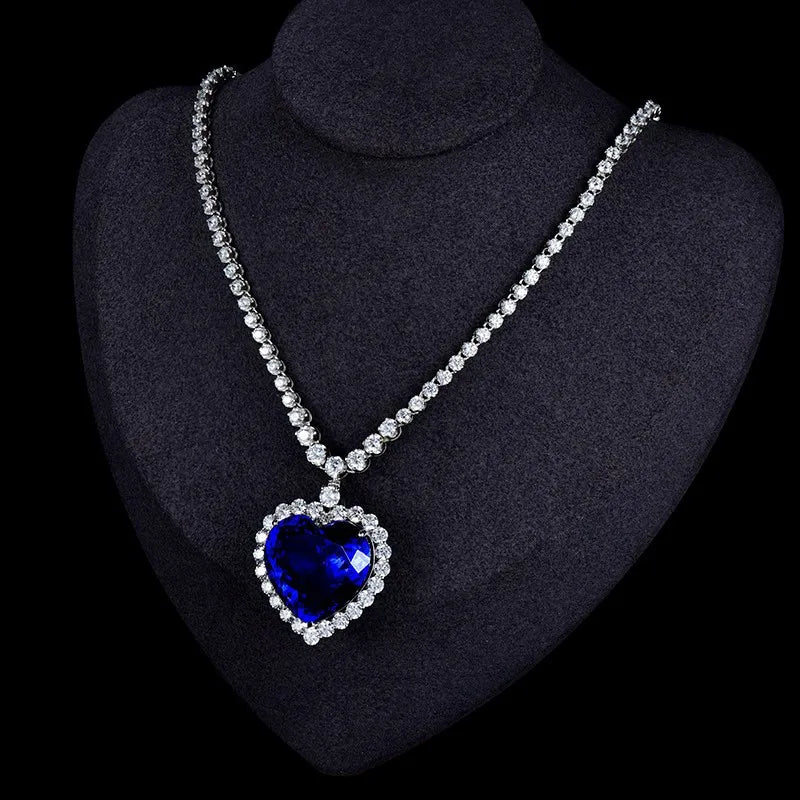 Trendy Fine Jewelry Luxury 20x20mm Big Blue Heart Zirconia Pendant 925 Sterling Silver Tennis Chain Necklace Fine Jewelry
